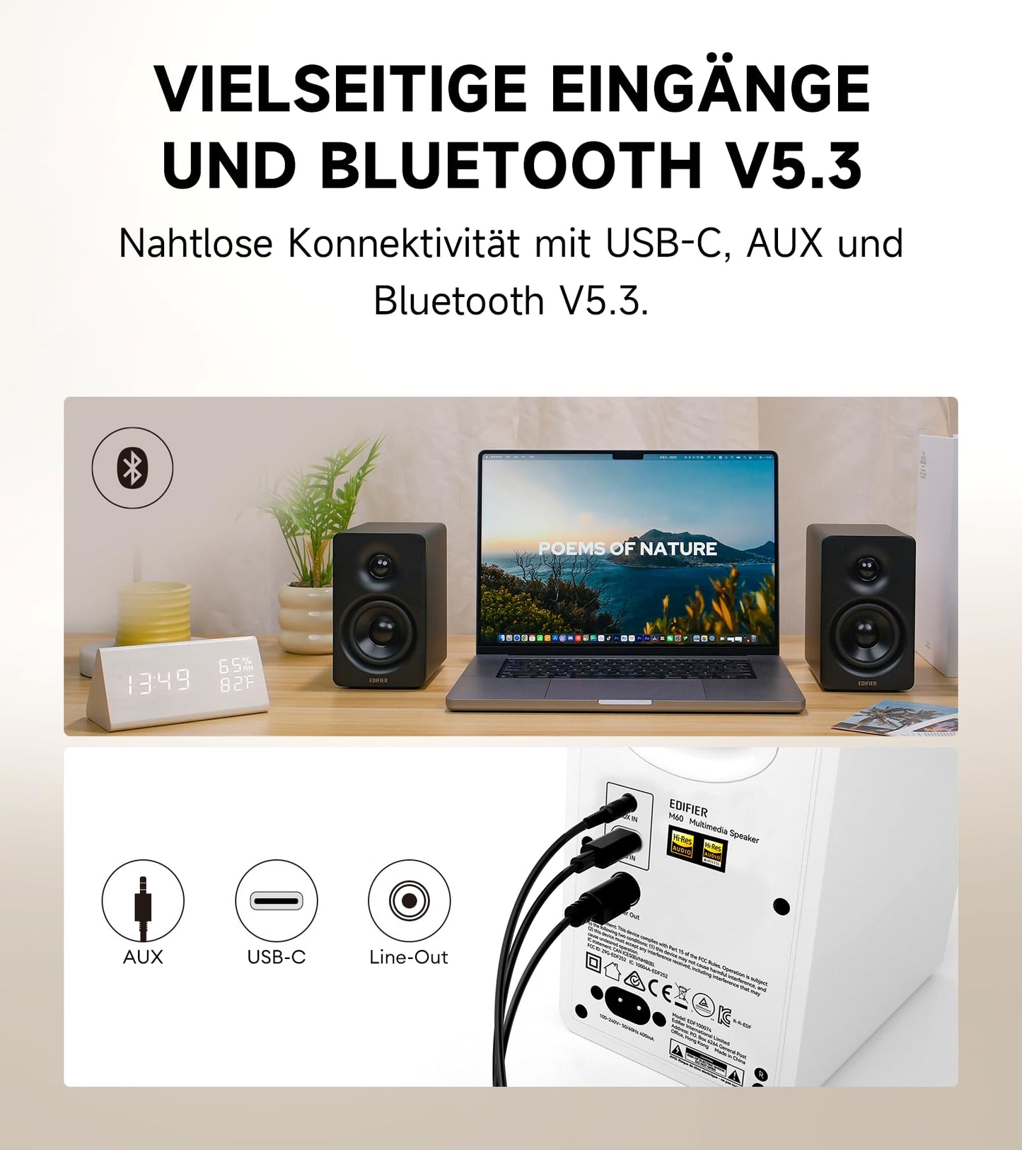 Edifier M60 Bluetooth Desktop-Lautsprecher, 66W, Hi-Res Audio, LDAC, Schwarz