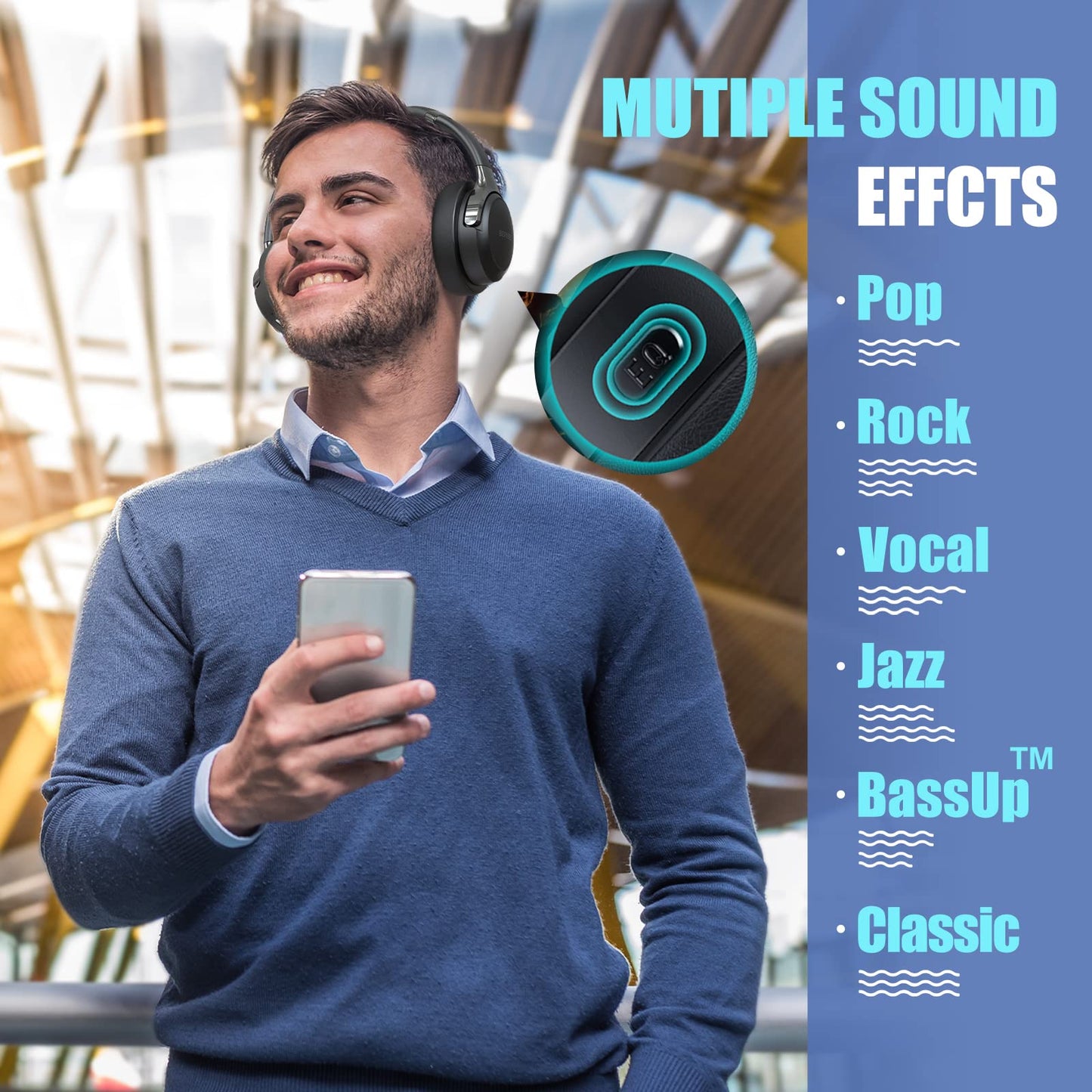 BERIBES Bluetooth Kopfhörer Over Ear, 65h Akkulaufzeit, 6 EQ-Modi, Schwarz